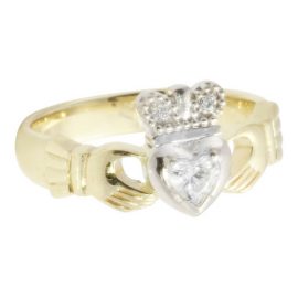 Claddagh Ring w Heart Solitaire Diamond 14kt Gold KELKC16